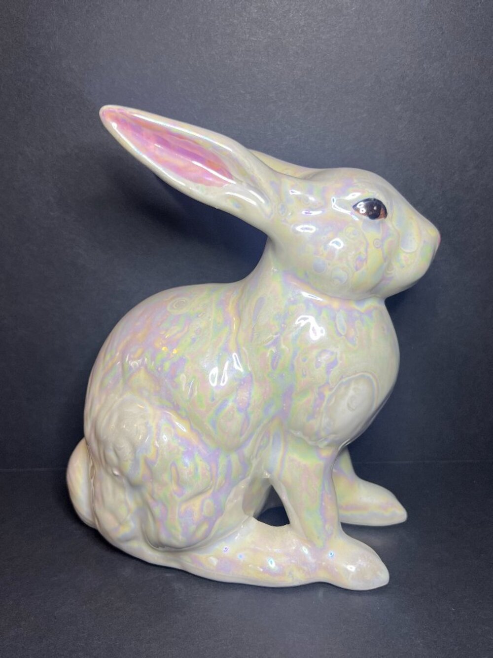 Vintage 1985 Enesco Iridescent Glazed Ceramic Easter Bunny Rabbit Figurine 7.25"
